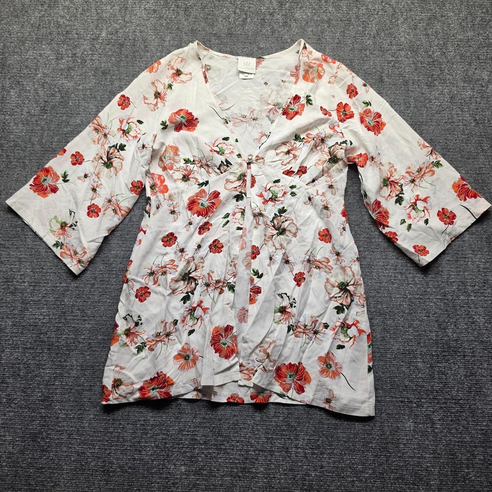 Papillon Blanc Poppy Floral Kimono Tunic Top Womens M Split Front Pearl Accent